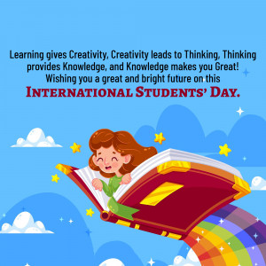 Illustration of a girl flying on an open book with a rainbow trail, celebrating International Students' Day.