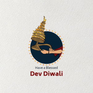 Illustration of a hand holding a traditional oil lamp with a 'Have a Blessed Dev Diwali' message.