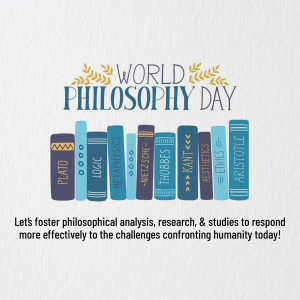 Illustration of stacked books with famous philosophers' names and a laurel wreath, celebrating World Philosophy Day.