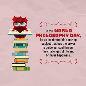 An illustration of an owl reading a book stacked on a pile of other books, celebrating World Philosophy Day.