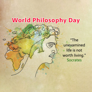 Illustration for World Philosophy Day featuring Socrates and a world map