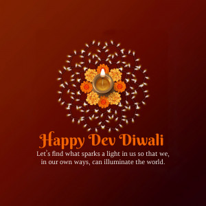 Diwali lamp surrounded by lights and marigolds with text 'Happy Dev Diwali'