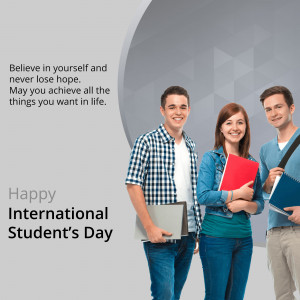 Group of students smiling and holding books with International Student's Day message.