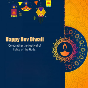 Dev Diwali greeting with colorful lanterns and a diya lamp