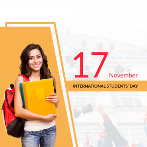 A young female student holding books with the text 'International Students' Day - November 17th' in the background.
