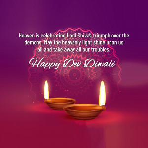 Dev Diwali greeting with lit diyas and a purple background