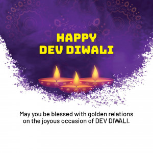 Dev Diwali greeting with lit diyas and festive decorations