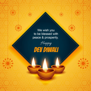 Dev Diwali greeting with lit diyas and festive decorations