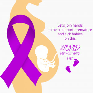Illustration of a pregnant silhouette with a purple ribbon and a baby inside, promoting World Prematurity Day.