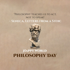 Bust of Seneca with a quote about philosophy and World Philosophy Day