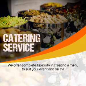 A promotional image for a catering service featuring a variety of food dishes.
