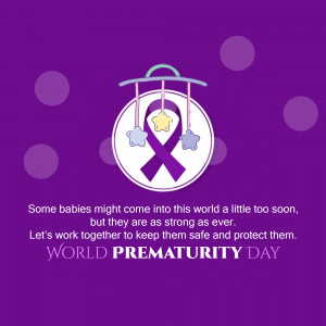 Purple ribbon with baby elements and text promoting World Prematurity Day