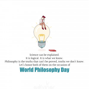 Illustration of a person sitting on a lightbulb with text celebrating World Philosophy Day.