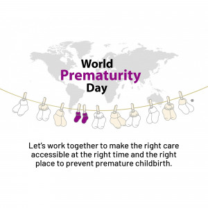 World Prematurity Day illustration with baby socks hanging on a line and a world map in the background.