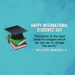 Image celebrating International Students' Day with a graduation cap and books.
