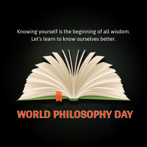 An open book with text 'Knowing yourself is the beginning of all wisdom' and 'World Philosophy Day' text.