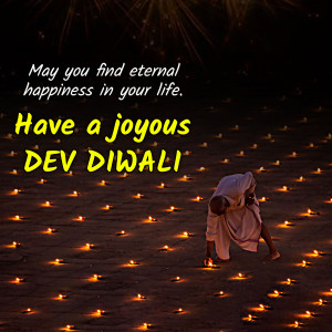 Dev Diwali greeting with a person lighting lamps