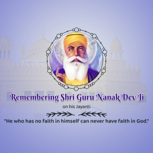 Portrait of Guru Nanak Dev Ji with a temple background and a quote.