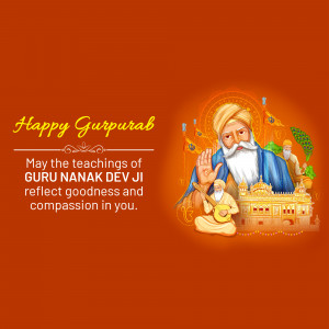 Illustration of Guru Nanak Dev Ji with a festive Gurpurab background