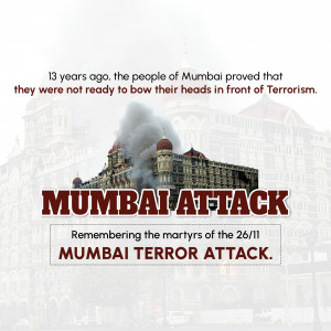 Image commemorating the 26/11 Mumbai attacks with the Taj Mahal Palace Hotel in the background.