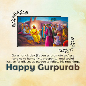 Painting of Guru Nanak Dev Ji with followers, with text wishing Happy Gurpurab