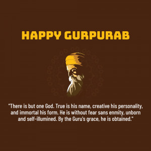 Happy Gurpurab image with a portrait of Guru Nanak and a quote.