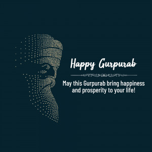 Digital art depicting Guru Nanak Dev Ji with 'Happy Gurpurab' text.