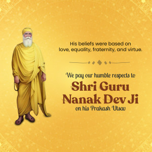 Portrait of Guru Nanak Dev Ji with a quote and decorative elements.