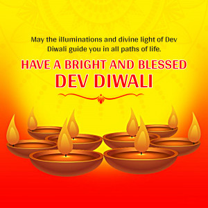 Dev Diwali greeting with lit diyas and festive text