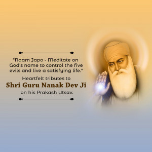 Portrait of Guru Nanak Dev Ji with a quote about meditation