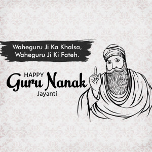 Illustration of Guru Nanak with the phrase 'Waheguru Ji Ka Khalsa, Waheguru Ji Ki Fateh'