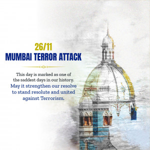 Memorial image commemorating the 26/11 Mumbai Terror Attack with a sketch of the Taj Mahal Palace Hotel.