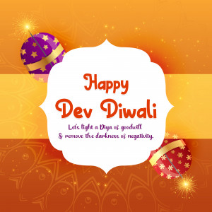 Happy Dev Diwali festive greeting with diya and decorative elements