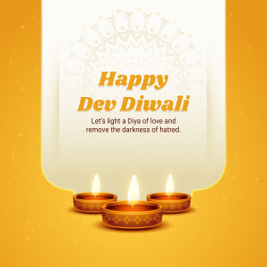 Dev Diwali greeting with lit diyas and decorative background