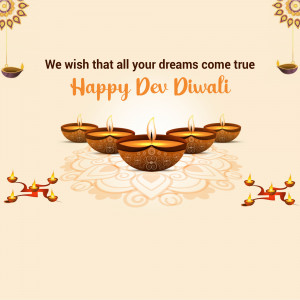Dev Diwali greeting with lit diyas and floral patterns