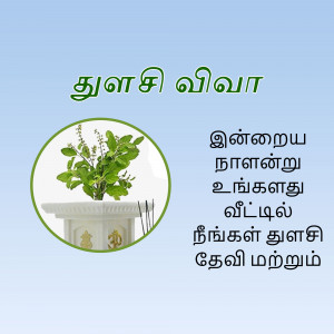 Image of a Thulasi plant with Tamil text, likely an invitation for a Thulasi Vivaha ceremony.
