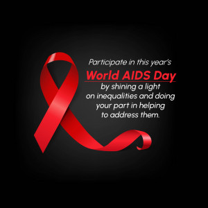 Red ribbon symbolizing World AIDS Day on a black background with text promoting awareness and equality.