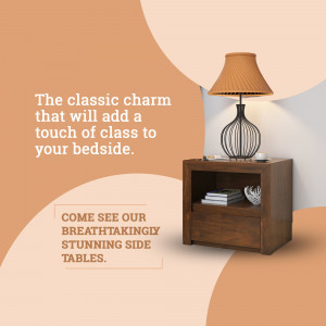 A wooden bedside table with a lamp on top, set against a warm orange and beige background.