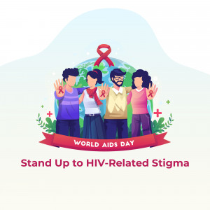 Illustration of diverse people with red ribbons symbolizing World AIDS Day and a call to end HIV-related stigma.
