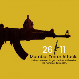 Silhouette of a weapon against a building with the text '26/11 Mumbai Terror Attack'