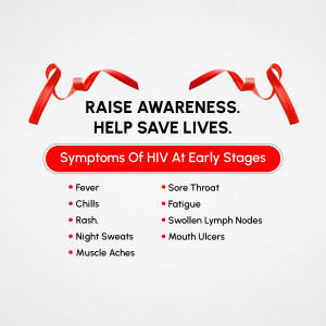 Red ribbon with text about HIV awareness and early symptoms.