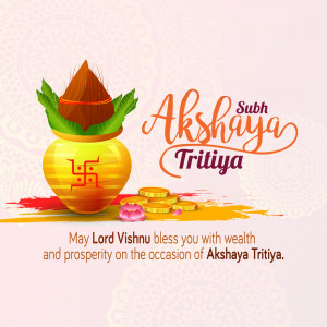 Akshaya Tritiya festive greeting with a kalash and gold coins