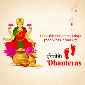Image of Goddess Lakshmi on a lotus flower with pots of gold and auspicious footprints, wishing a Happy Dhanteras.