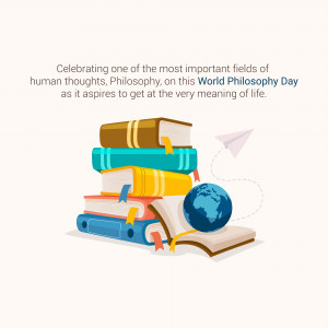 Stack of books, globe, and paper airplane representing Philosophy Day
