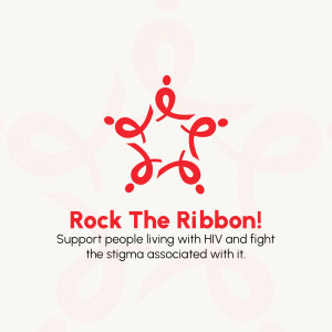 Red ribbon symbol with people silhouettes representing HIV awareness and support.