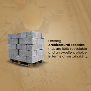 Stack of grey concrete blocks on a pallet with text promoting 100% recyclable architectural facades.
