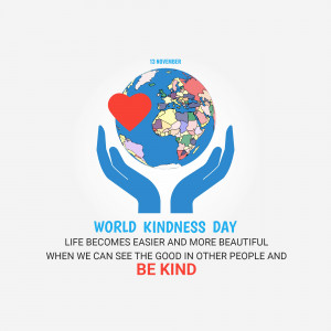 Illustration of hands holding the Earth with a heart over it, promoting World Kindness Day.