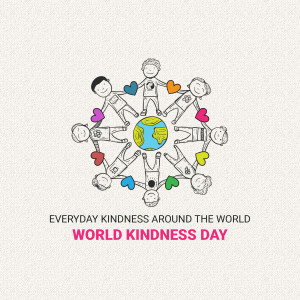 Illustration of children holding hands around the Earth with hearts, celebrating World Kindness Day.