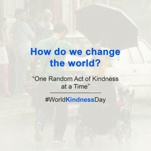 Image promoting World Kindness Day with a person holding an umbrella over someone in a wheelchair.