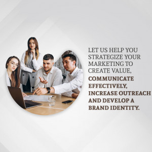 A team of professionals collaborating around a laptop, discussing marketing strategies.